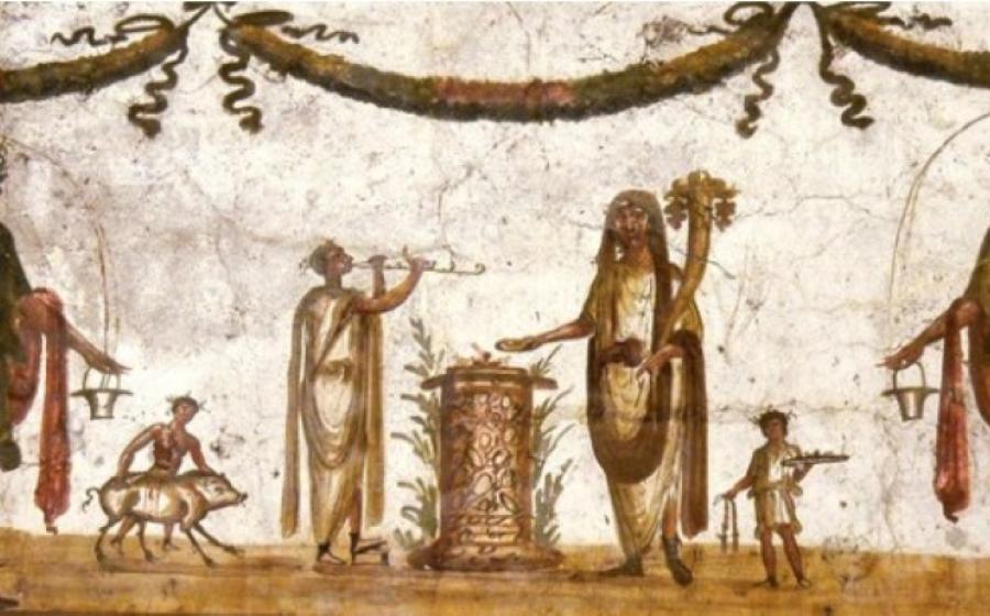 Ritual sacrifice of a pig being carried out in the Roman empire.