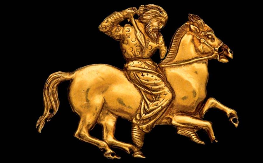 Scythian gold plaque depicting a Scythian rider with a spear. Source: Public domain