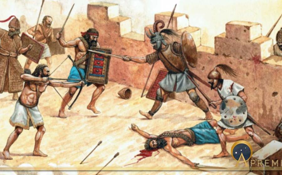 Attack of the Sea Peoples on Syrian fortification. Historical illustration. ( Lunstream / Adobe Stock)