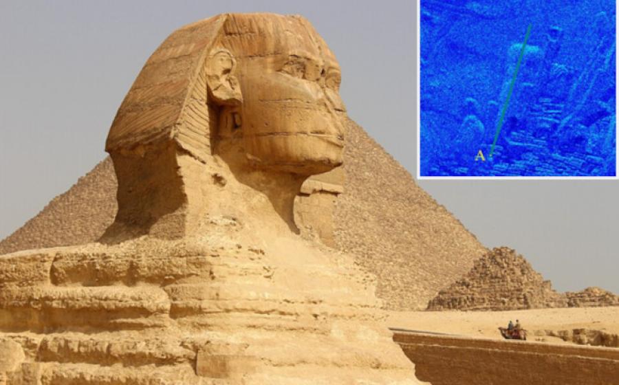 The Great Sphinx of Giza with the Pyramid of Khafre in the background. Insert scan of the proposed location of second sphinx.
