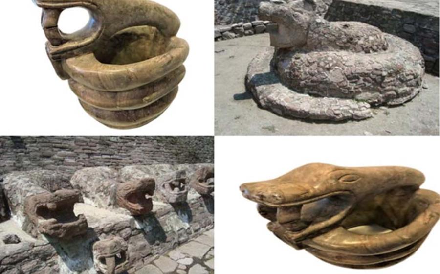 Top left to Bottom Left: Serpent artifact, (Author), Single serpent, Kukulkan, (Jose Miguel, Almeyda), Serpent model, (Author), Serpent heads Kukulkan, (Jose Miguel Almeyda)