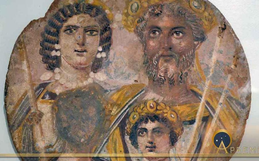 Severan Tondo depicting Septimius Severus, Julia Domna, Caracalla, and Geta (with his face removed in damnatio memoriae). Source: Public domain