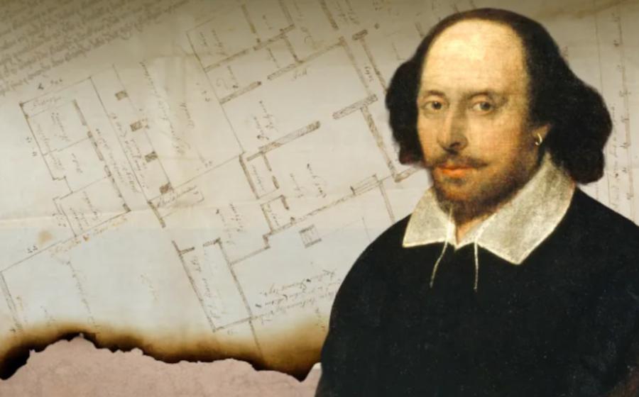 The Chandos portrait of William Shakespeare (attributed to John Taylor, c.1611), overlaid on the 1668 Blackfriars precinct plan