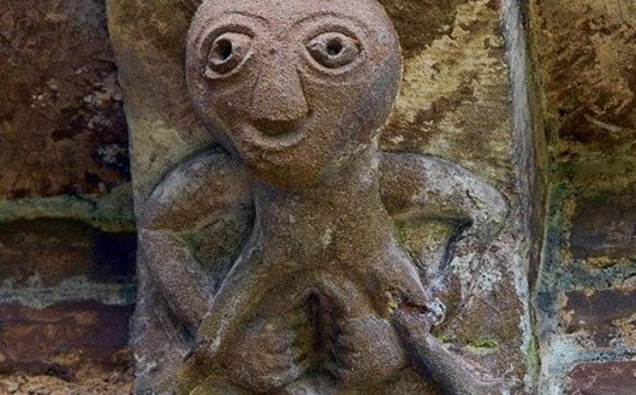 An example of a Sheela na gig, a carving of a naked woman with an exaggerated vulva. 
