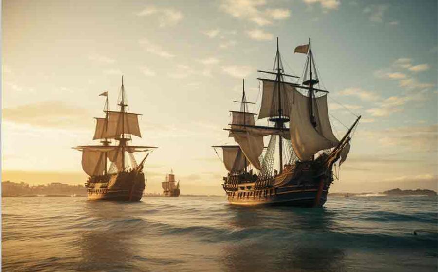AI image of the three ships of Christopher Columbus: Santa Maria, Niña, and Pinta. Source: Charles/Adobe Stock 