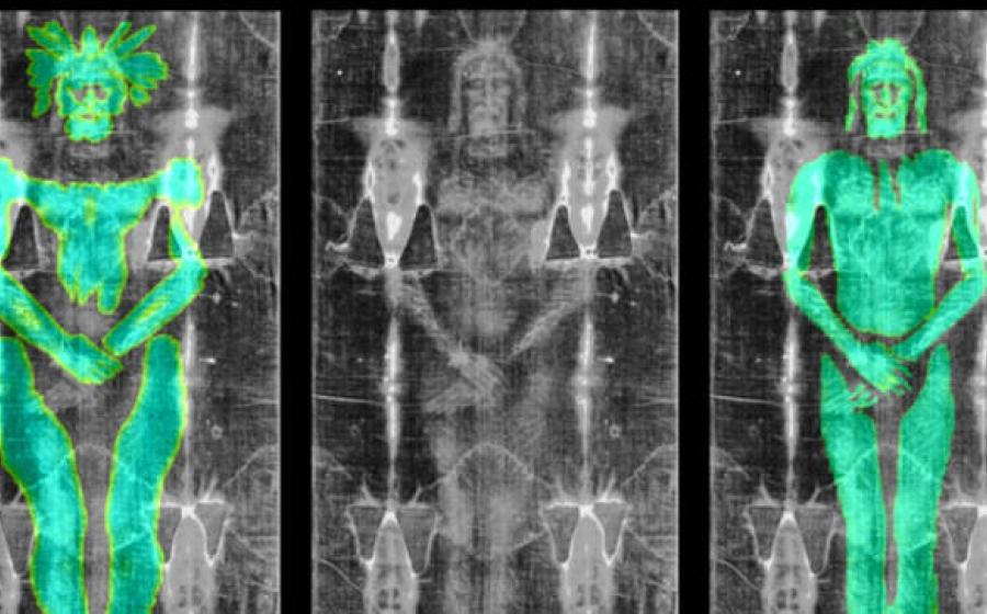 ) Overlay of the texture generated by the 3D model onto the image of the Shroud of Turin, showing misalignment in anatomical proportions