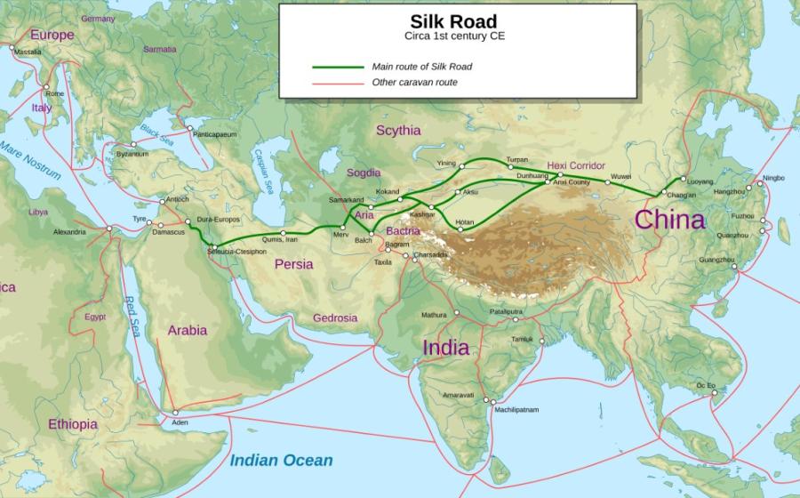 Silk route corridors labelled from the 1st century CE.