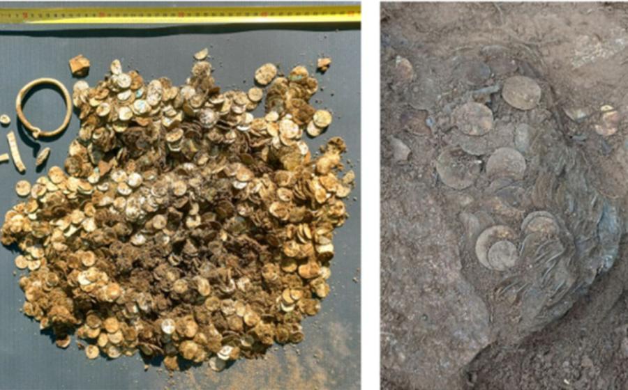 Left; Viking Age silver coins from the Sysmä hoard after recovery. Right; Viking Age silver coins in situ at the find site