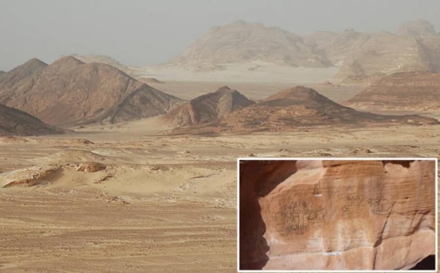 Sinai desert landscape, Egypt. Inset; the inscription found at Wadi Khamila, Sinai.