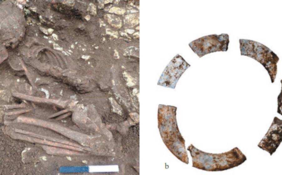 A female burial in a flexed position, adorned with a mother-of-pearl shell bracelet. (Left) The shell bracelet made from mother-of-pearl.