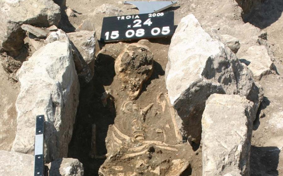 The skeleton of a woman who died 800 years ago on the outskirts of the ancient city of Troy in modern Turkey.