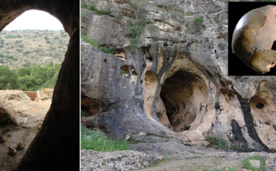 The entrance to Skhul Cave on Mount Carmel, Israel, with Inset; Skhul 1 skull.