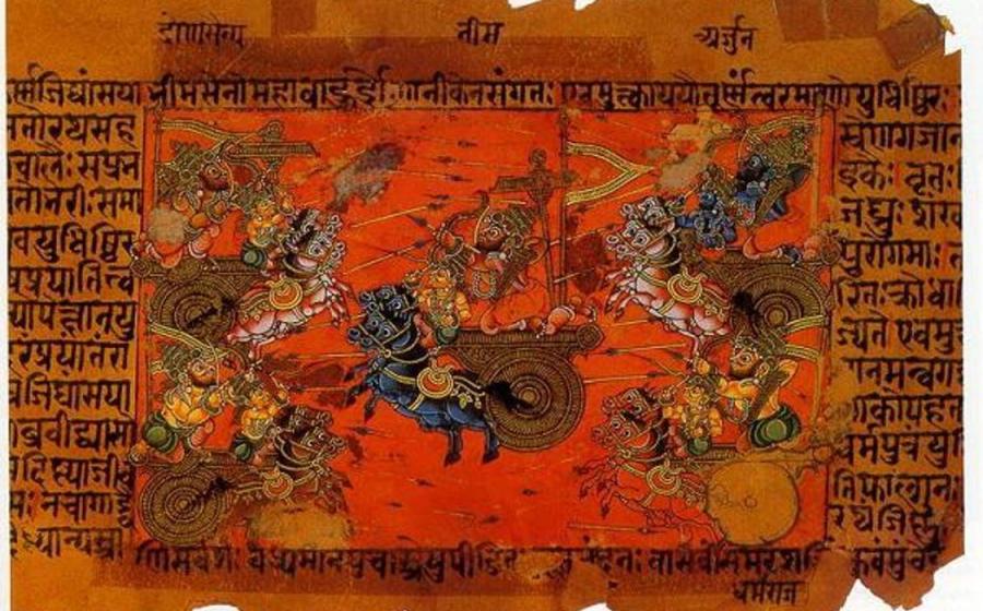 A manuscript illustration of the Sky Battle of Kurukshetra, fought between the Kauravas and the Pandavas, recorded in the Mahabharata Epic