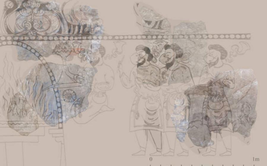 Reconstruction of the scene of fire worship from the ‘Rectangular Hall’ laid over reconstructed placement of the painting fragments from the scene of fire worship