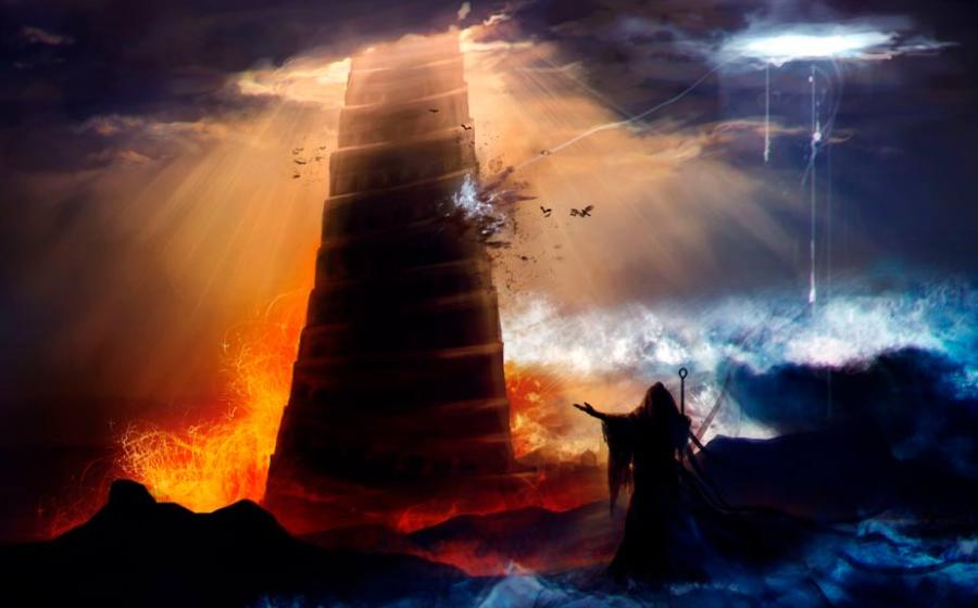 Sorcerer in hood standing in front of an ancient destructed Babylon tower with flood, fire & hurricane illustration