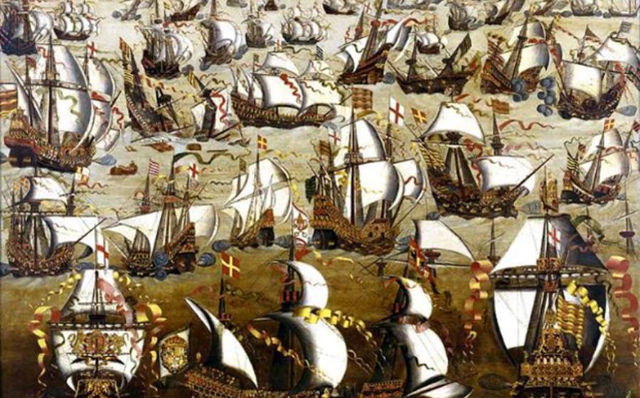 The Spanish Armada and English ships in August 1588, (unknown, 16th-century, English School) 