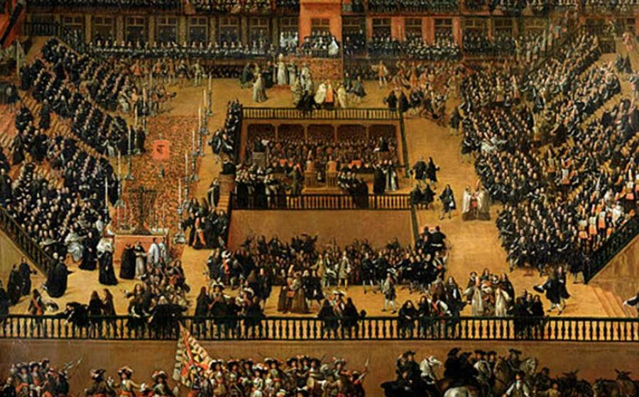 Painting of the 1680 auto de fé, at Plaza Mayor in Madrid.		Source: Public Domain