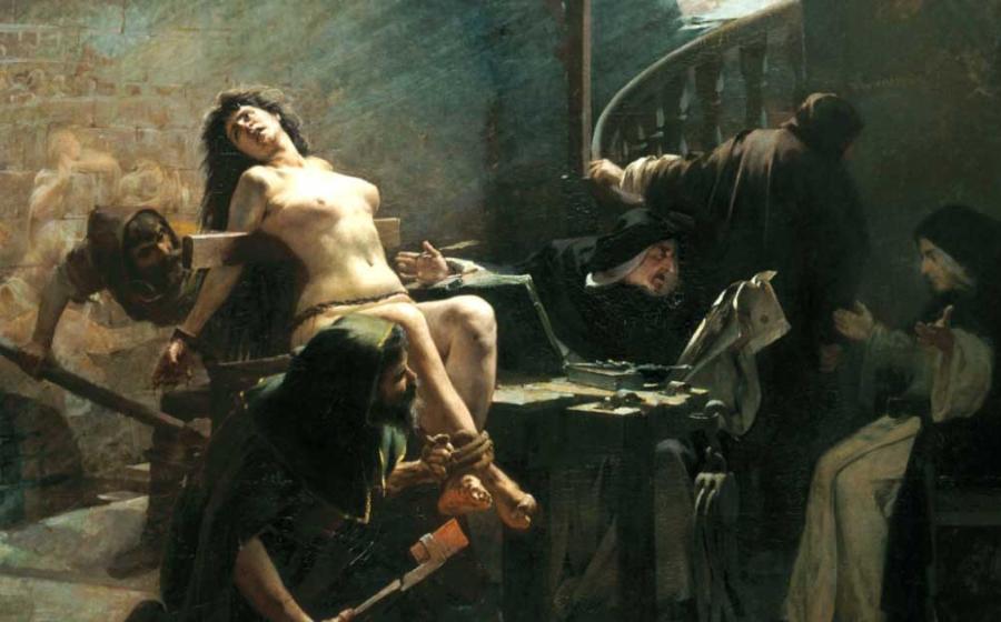 Martyr of Fanaticism by José de Brito depicts a young woman being tortured during the Spanish Inquisition. Source: Public domain