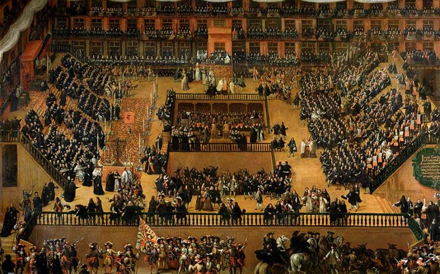 Auto de Fe in the Plaza Mayor, an oil painting from 1683 by Francisco Rizi. The painting depicts the ritual public penance carried out by heretics and apostates during the Spanish Inquisition. Source: Public domain