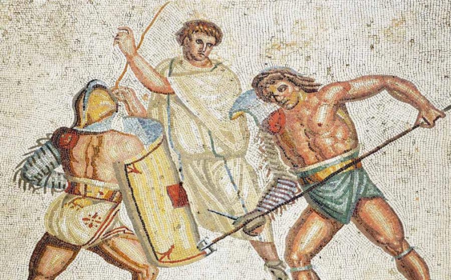 Gladiator mosaic at a Roman villa in Nennig, Germany. Source: Carole Raddato / CC BY-SA 2.0 DEED