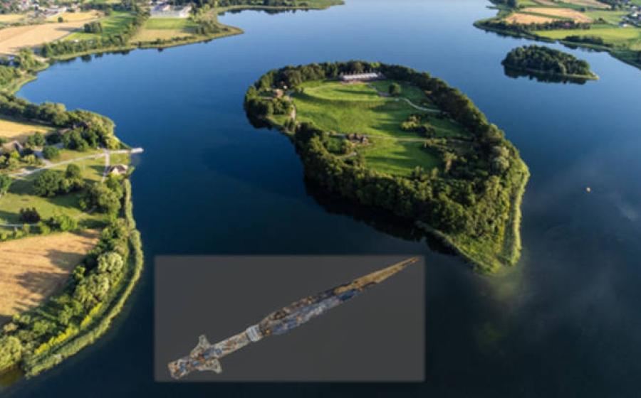 The island of Ostrów Lednicki, one of the main strongholds of Mieszko I and Bolesław the Brave. Inset; Ornately decorated spearhead.