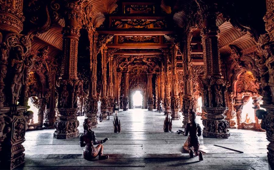 Thailand, Pattaya December 2019 Fragment of the Temple of truth in Pattaya. A huge wooden temple with carved decorations. Buddhist temple. Source: Margarita Timofeeva/Adobe Stock
