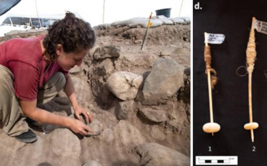 Left; Talia Yashuv of the Hebrew University at the excavation site of Nahal Ein Gev II in northern Israel. Right; the experimental spindles and whorls.
