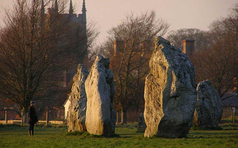 Stones in the South Circle viewed from the south-east quadrant bank. The tower of St James church is in the background.