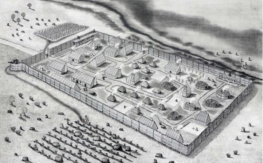A conjectural drawing of the St. Mary's Fort settlement in Maryland in 1634.             Source: Jeffrey R. Parno / Historic St. Mary's City