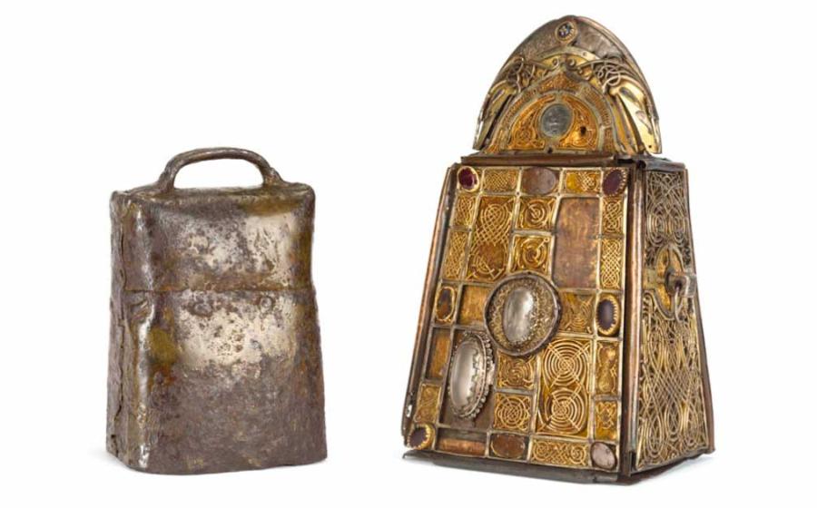 St. Patrick’s Bell (left) is a simple design. The shrine (right) later designed to cover it is quite intricate. Source: National Museum of Ireland / CC BY SA 2.0