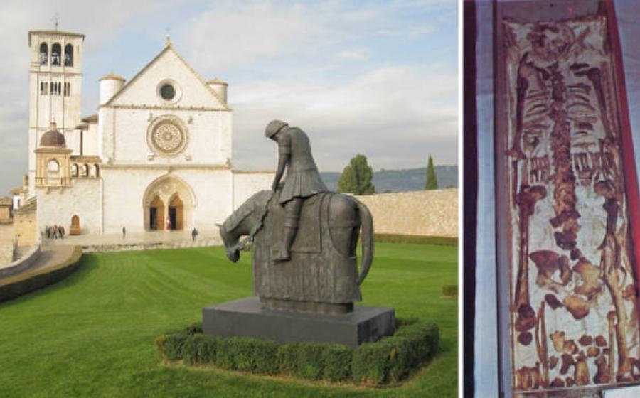 Left; The Basilica of Saint Francis in Assisi, Italy, where the saint's remains will be displayed in 2026. Right, The skeletal remains of St Francis of Assisi. 