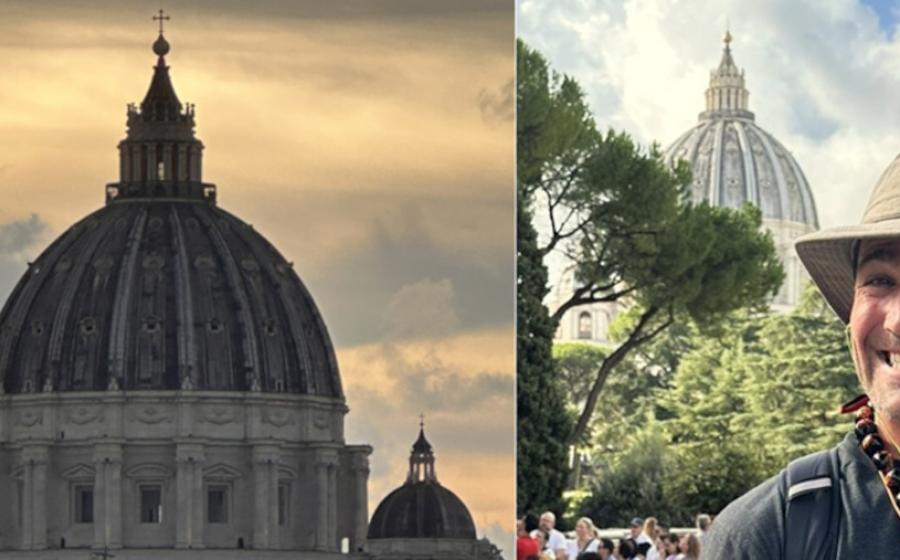 Left; Sunset behind the mighty dome of St. Peter’s Basilica, Vatican City. Right; The author with the dome of St. Peter’s taken from the Vatican Gardens. 