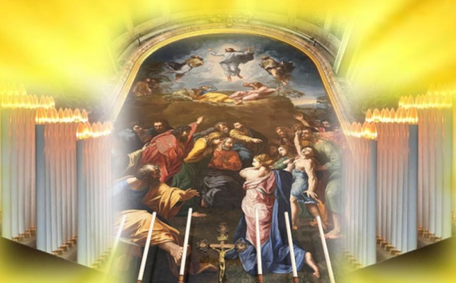 Altar of the Transfiguration of Jesus in Saint Peter’s Basilica, with artistic surrounding of candles added.