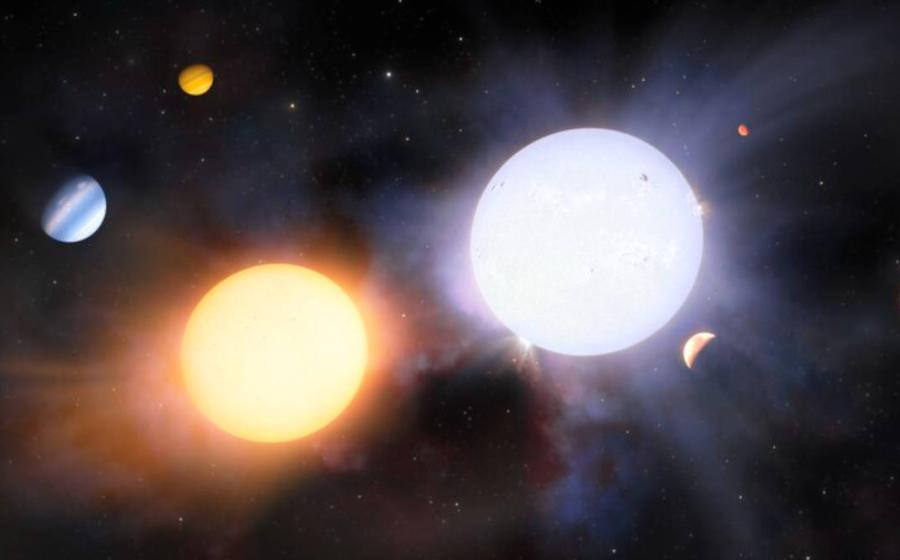 Illustration of binary pair of giant starts, accompanied by multiple planets. 