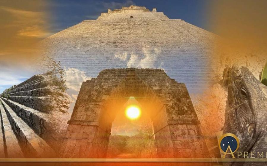 Clockwise from top: Pyramid of the Magician at Uxmal, iguana at Uxmal, Kabáh Arch, the Palace at Dzibilchaltún, all set over the rising sun captured at Yaxuna. (Image Deriv: Courtesy © Dr Jonathon Perrin)