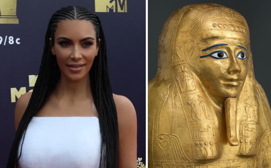 Left: Kim Kardashian. Right: The stolen Nedjemankh sarcophagus. Source: Left: Nicole Alexannder / CC BY 3.0. Right: Metropolitan Museum of Art.
