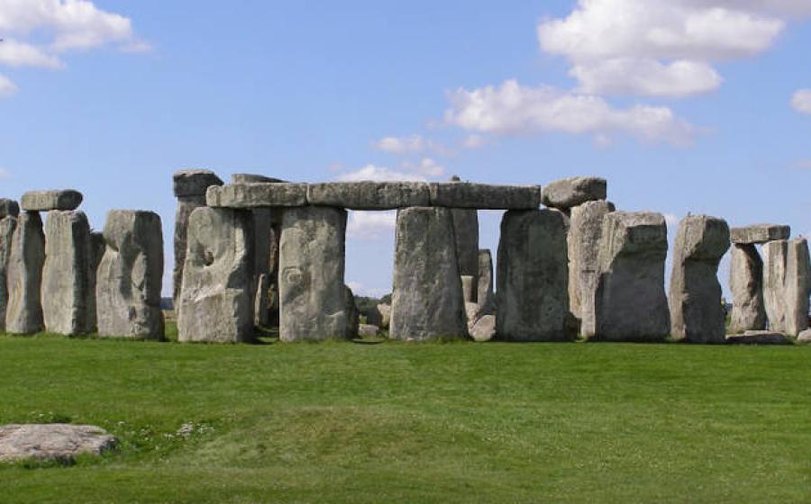 Stonehenge's iconic stone circle on Salisbury Plain on a clear day.