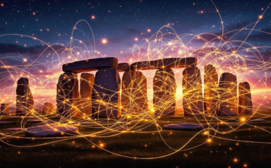  Ancient megalithic site glowing with vibrant subatomic wave patterns, ethereal particles, twilight. 