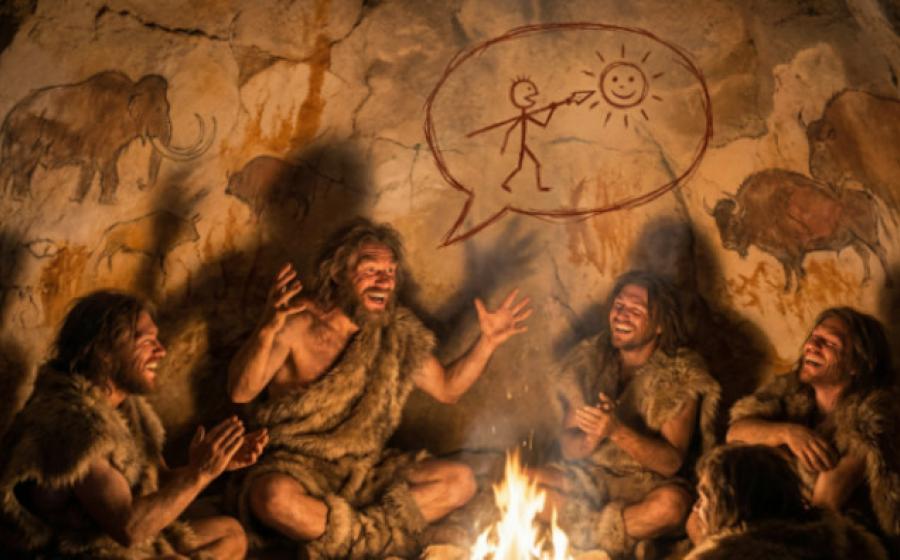 Early humans in a cave enjoying a humorous story.