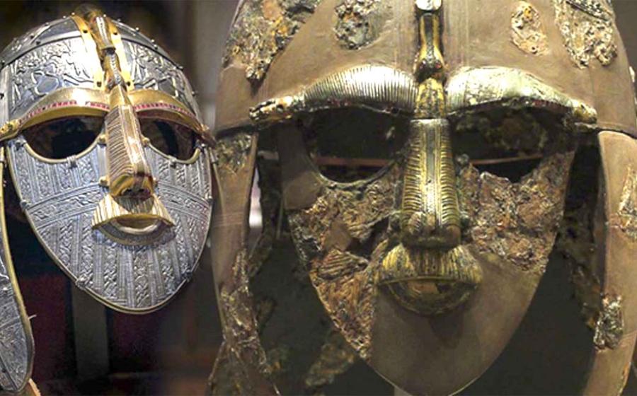 The Sutton Hoo movie that will tell the story of the famous Anglo-Saxon treasure is due to come out on Netflix soon. Right: A replica of the Sutton Hoo helmet produced for the British Museum by the Royal Armouries. (CC BY-SA 2.5). Left: The original Sutton Hoo helmet. (CC BY-SA 2.0)