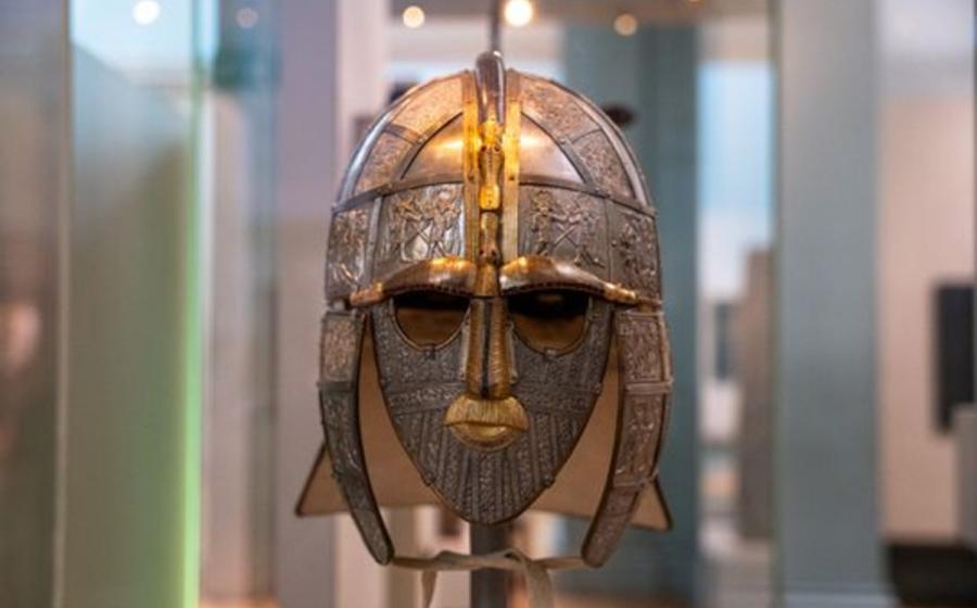 A replica of the Sutton Hoo helmet produced for the British Museum by the Royal Armouries.