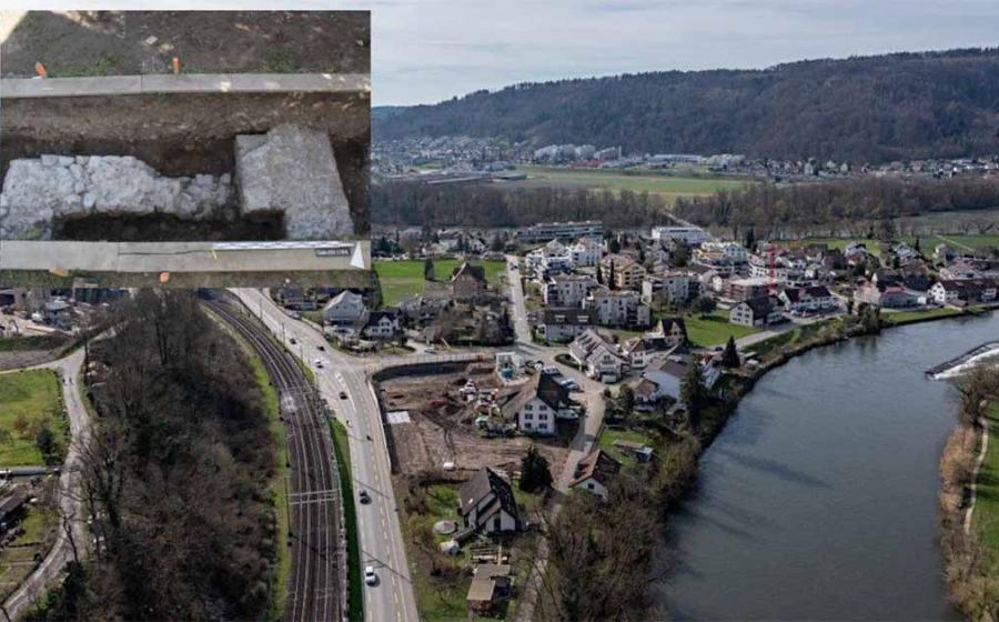 The Swiss site in Gebenstorf, and (inset) some of the unexpectedly large and extensive Roman walls found by the initial archaeology. Source: Archaeology News / Cantonal archeology, © Canton Aargau.