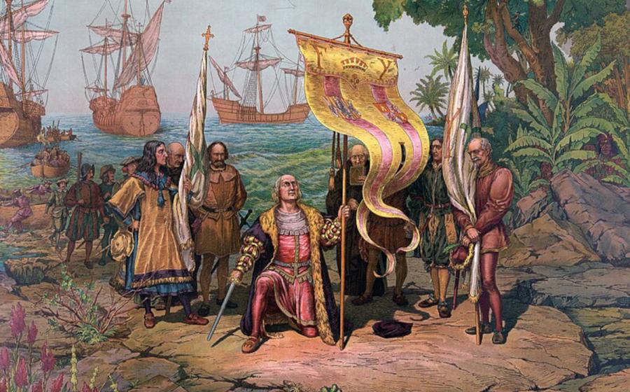 Christopher Columbus taking possession of the lands of the New World on behalf of Spain after landing on the island of Hispaniola, 1492.