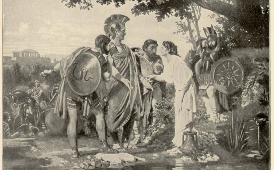 Tarpeia meeting with the Sabines and promising to open the gates for them, in her infamous betrayal of Rome.