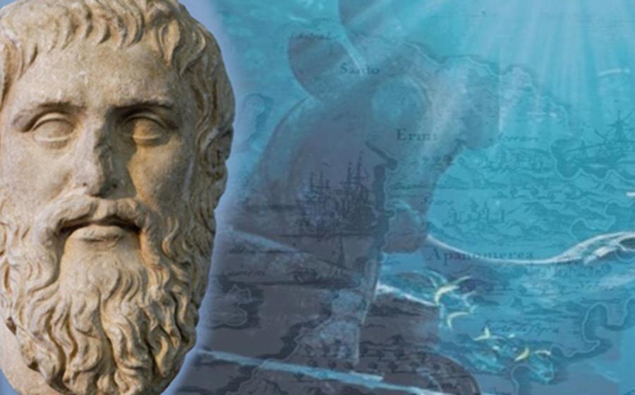 Deriv; Bust of Plato, map of Santorini, 1703, underwater ruin.