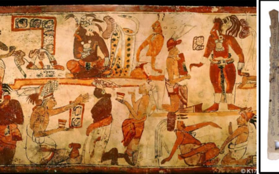 A painted late classic-period Maya royal court scene depicting tribute payments.