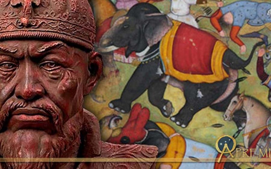 Bust of Timur ( CC BY-SA 3.0 ), and Timur defeats the Sultan of Delhi 