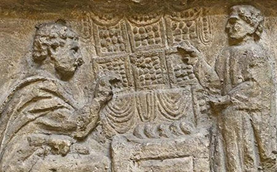 Roman tax collector calculating someone's taxes on an abacus