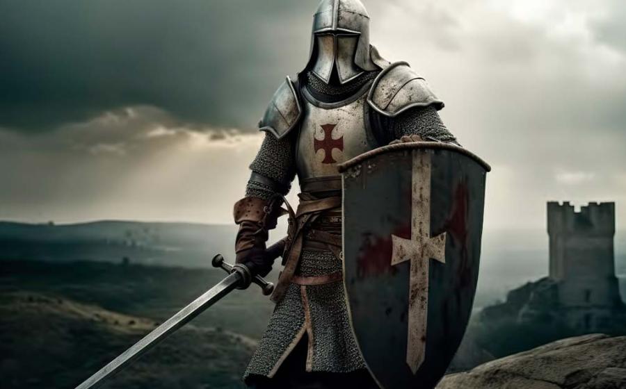 Fully armored Templar knight in a rugged landscape with church tower in the background  	Source: iridescentstreet/Adobe Stock