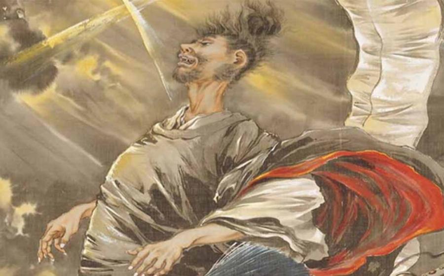 Painting by Kobayashi Eitaku depicting Sugawara no Michizane reborn as the Tenjin.             Source: Public Domain